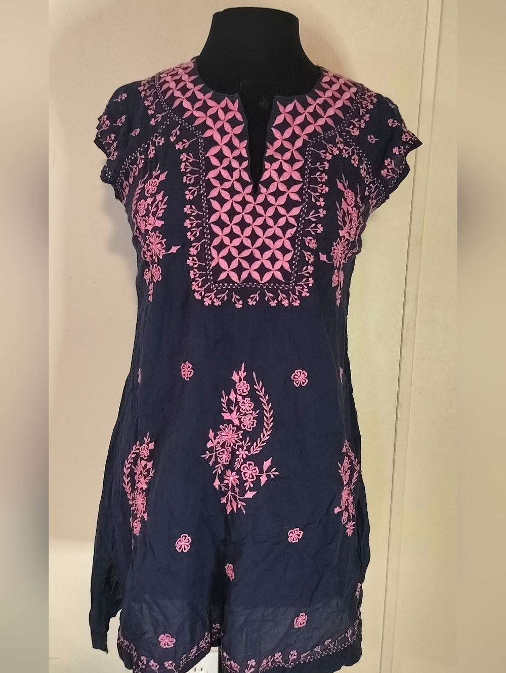 Navy Tunic with Pink Floral Embroidery